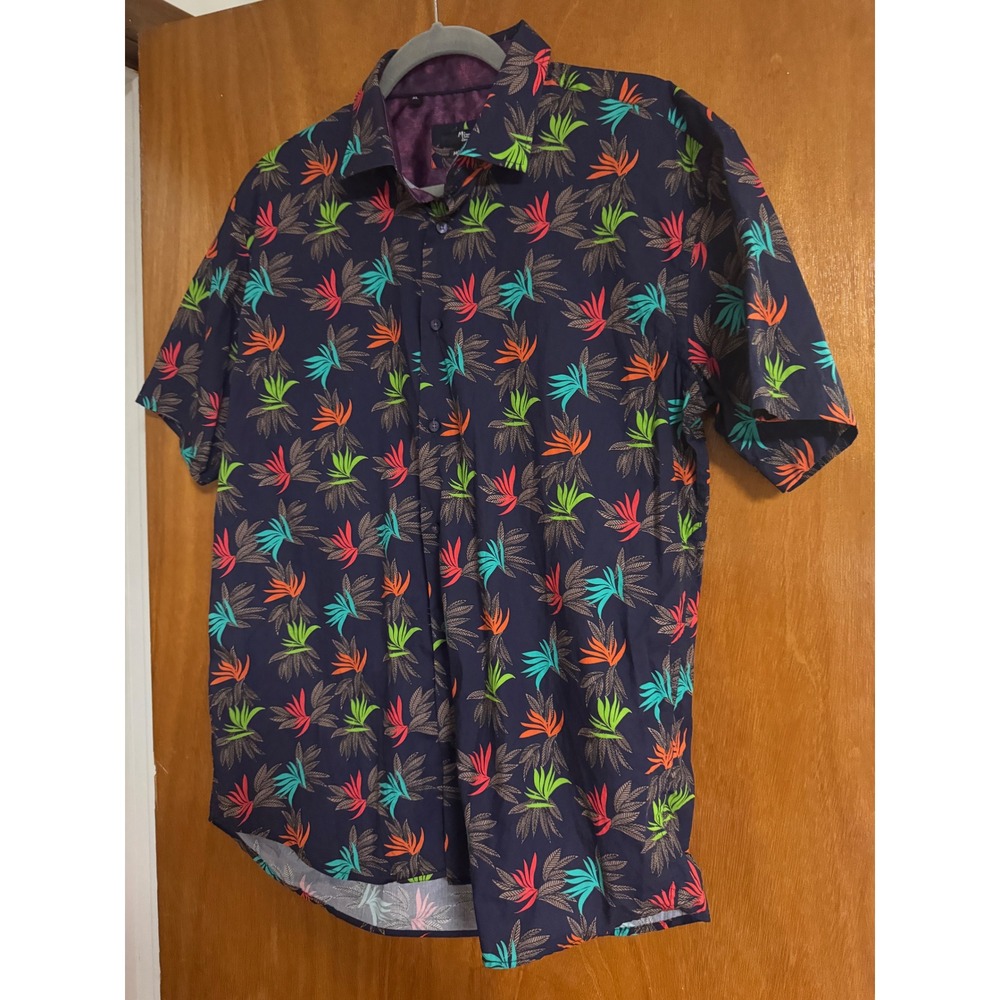 Mizumi Couture Mens XL Modern Fit Tropical Leaf Print Cotton Button Down Shirt - Picture 4 of 6